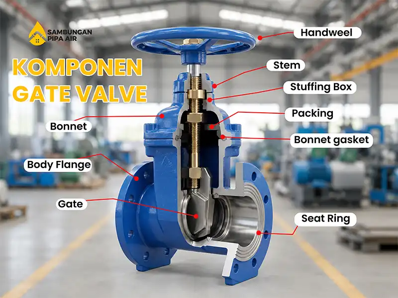 Diagram bagian-bagian gate valve lengkap dengan nama komponennya